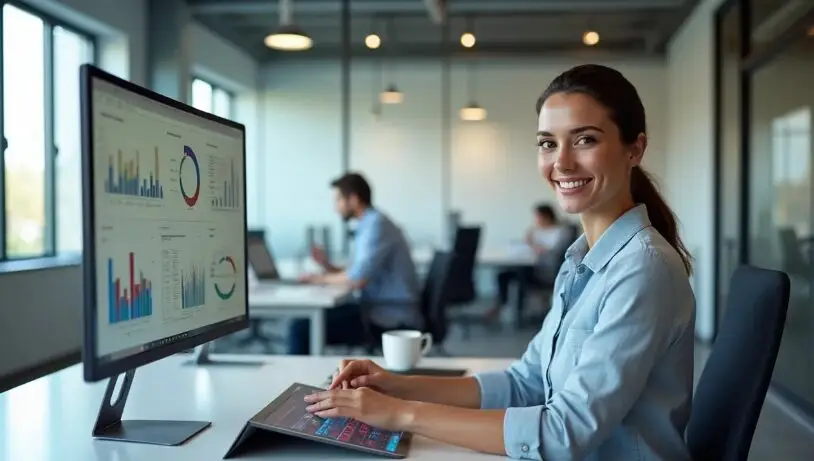 Utilisateur de Microsoft Business Central consultant un tableau de bord et ses tâches dans un environnement de bureau.