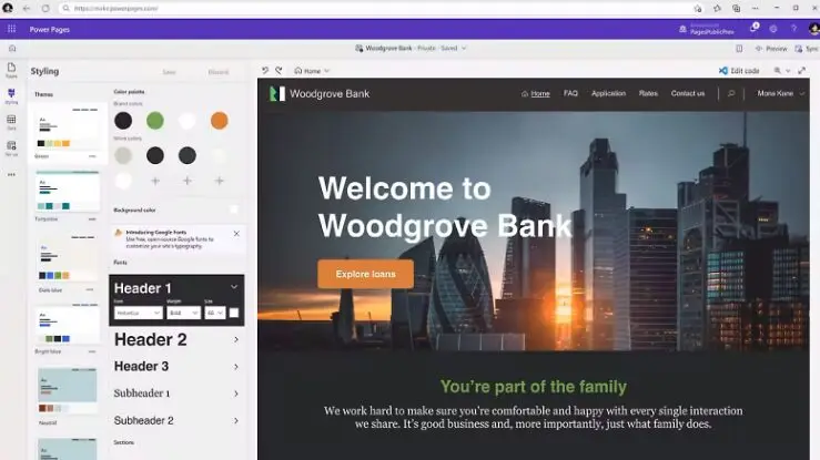 Interface Microsoft Power Pages affichant la personnalisation d’un site web pour Woodgrove Bank avec options de style et aperçu en temps réel.