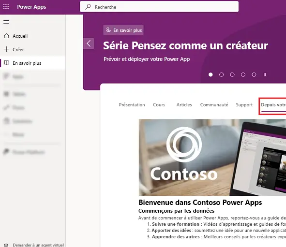 Interface Microsoft Power Apps avec la série "Pensez comme un créateur" et la page d’accueil Contoso Power Apps.