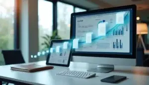 Un bureau moderne avec un ordinateur de bureau et une tablette affichant des factures électroniques et des graphiques financiers, symbolisant la transition numérique des factures en France.