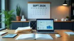 Un bureau moderne avec un ordinateur portable affichant un logiciel ERP, des documents papier empilés, une tablette et un calendrier mural indiquant septembre 2026.