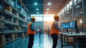 Deux travailleurs dans un entrepôt industriel, l'un utilisant une tablette et l'autre interagissant avec des écrans d'ordinateur affichant des graphiques.