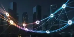 Illustration de la connectivité et de l'intégration des systèmes ERP dans un environnement urbain moderne, symbolisant les flux de données et les connexions entre différentes applications.