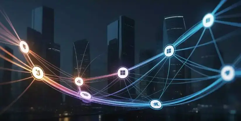 Illustration de la connectivité et de l'intégration des systèmes ERP dans un environnement urbain moderne, symbolisant les flux de données et les connexions entre différentes applications.