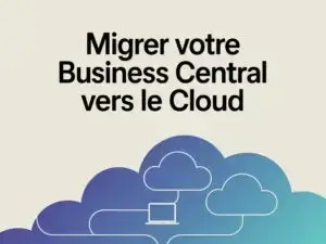Illustration représentant la migration de Business Central vers le Cloud avec des icônes de nuages et un ordinateur connecté.