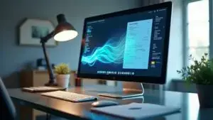 Un ordinateur de bureau affichant une interface de logiciel de facturation électronique, avec un clavier et une lampe de bureau à côté.