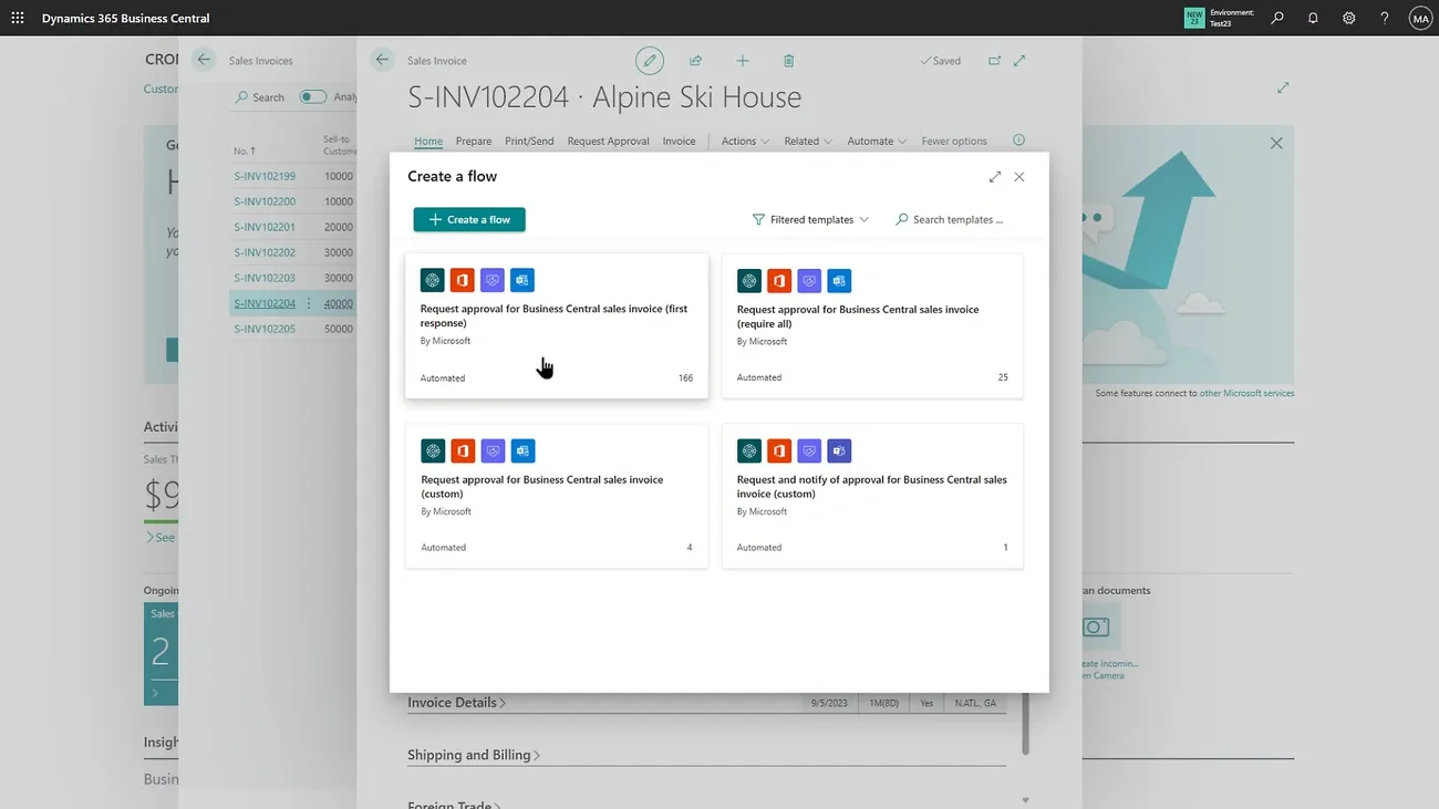 Microsoft Dynamics 365 Business Central screen showing options to create automated approval flows for sales invoices.