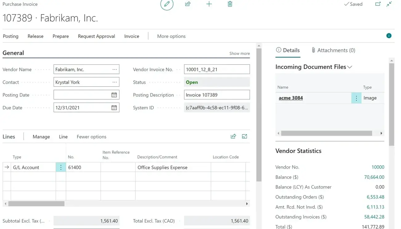 Screenshot of Dynamics 365 Business Central showing a purchase invoice from Fabrikam, Inc. with vendor details and invoice lines.