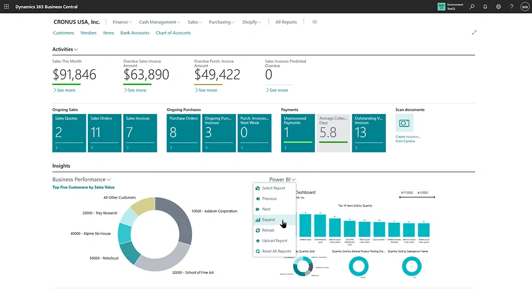 Dashboard view of Microsoft Dynamics 365 Business Central showing sales, purchases, payments, and business performance charts.