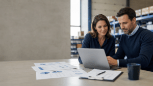 Dirigeante de PME et consultant étudiant le budget d’un projet Microsoft Business Central
